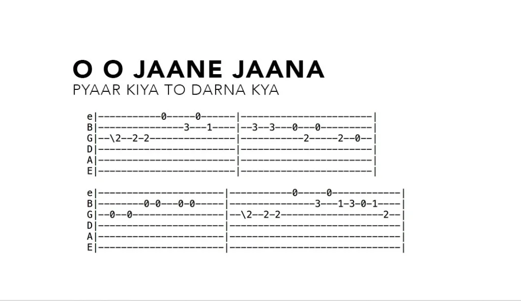 guitar tab sheet of a bollywood hindi song.